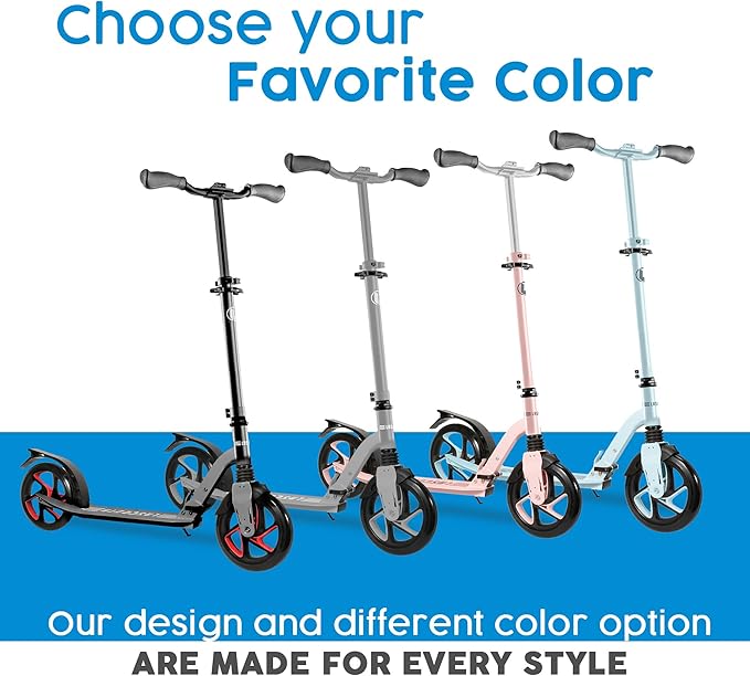 LaScoota Kick Scooter for Kids Ages 6+, Teens & Adults, Large 8" Sturdy Urethane Wheels. Adjustable Handlebar, Lightweight, Foldable, 220lbs Max Load