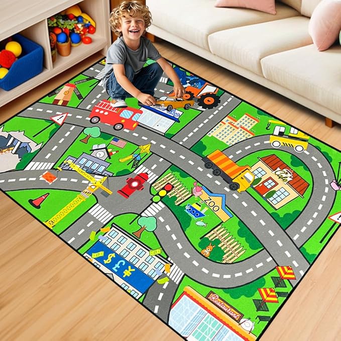 Car Rugs for Kids Toy Cars - Kids Carpet for Playroom Car Track Rug Car Carpet for City Life Road Rug for Playroom Living Room Bedroom, Green, 2'5''×4'