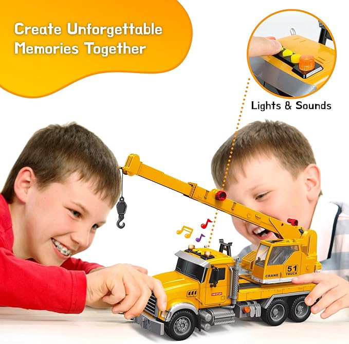 MOBIUS Toys Crane Truck Toy Set – Kids Construction Crane w/Extending Arm, Rotation, Props & Buttons + Sounds & Lights – Toy for Boys Age 4-7, Girls 3 Years Old+