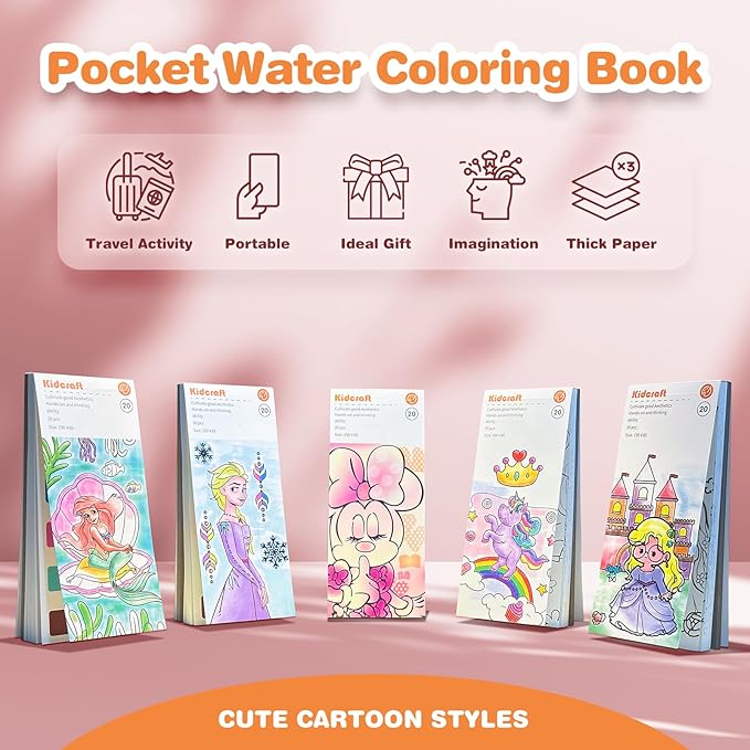 Paint with Water Coloring Books for Kids, Pocket Mess Free Watercolor Painting Kit, Water Color Paint Set Arts and Crafts Gift for Girls Ages 4 5 6 7 8+, Travel Activity Toy - Princess