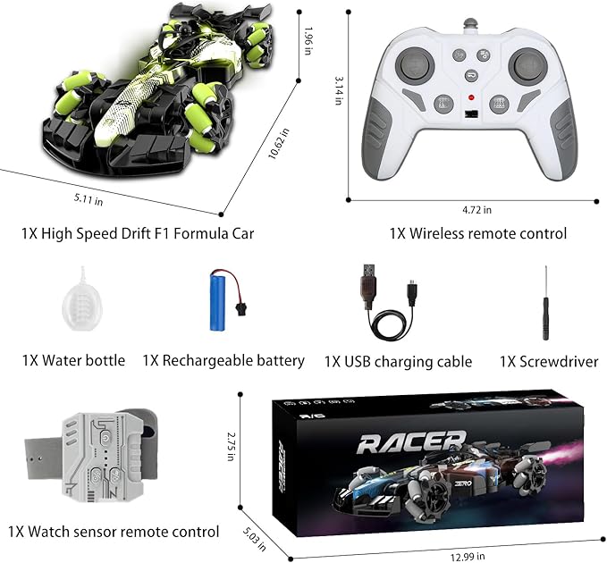 2.4GHz Gesture Sensing Remote Control Car - 360° Spin High Speed Drift F1 Formula Racing, with Spray, Music & Light, 2 Control Mode, Toy for Kids 8-12 Year Birthday Coolest Best Toy (Green)
