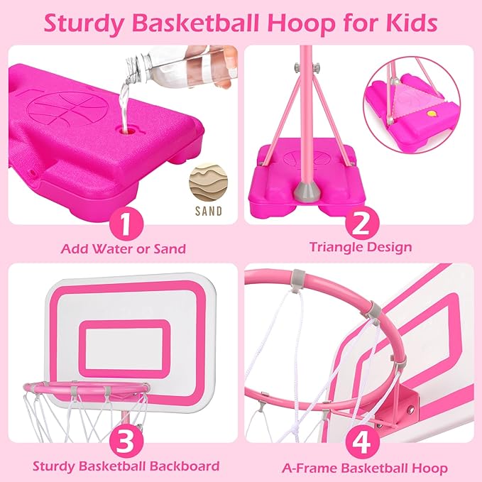 Pink Adjustable Basketball Hoop for 2-6 Year Old Girls, Portable Kids Hoop for Indoor/Outdoor Play