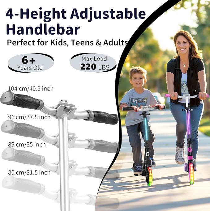BELEEV V8 Scooters for Kids Ages 6+ with Light-Up Deck, 2 Wheel Folding Scooter for Adults Teens, 4 Adjustable Height, Lightweight Sport Commuter Scooter, Sturdy Frame, Max Load 220 lbs