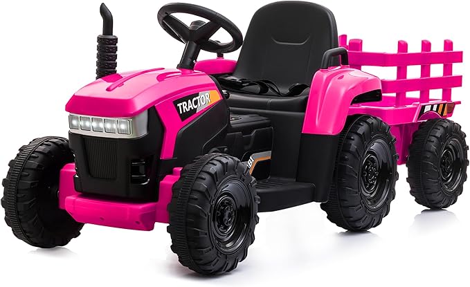 TOBBI Kids Electric Ride On Toy Tractor, 12v Battery-Powered 4 Wheels Ride On Car with Trailer, 35W Dual Motors/3-Gear-Shift/LED Lights/USB Audio Functions for Toddlers 3-6 Years-Rose Red