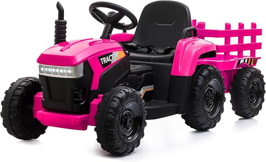 TOBBI Kids Electric Ride On Toy Tractor, 12v Battery-Powered 4 Wheels Ride On Car with Trailer, 35W Dual Motors/3-Gear-Shift/LED Lights/USB Audio Functions for Toddlers 3-6 Years-Rose Red