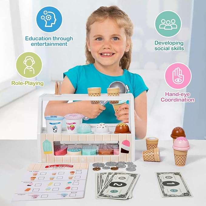 Wooden Ice Cream Set Counter Toy for Toddlers, Wooden Play Food Kitchen Accessories, Pretend Play Ice Cream Shop Toys for Kids Ages 3+, Play Store with Fake Money & Coin