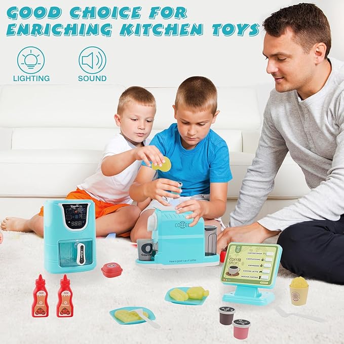 Toy Air Fryer and Coffee Maker Kids Play Kitchen Playset Accessories, Pretend Play Kitchen Toy ,Coffee Shop, Kitchen Toys for 3-8 Year Old Girls Boys Gifts