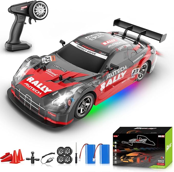 RC Drift Car 1:16, 2.4GHz 4WD Drifting RC Cars 30+KM/H High Speed Remote Control Car with LED Lights Two Batteries and Drift Tires, Race car for Adults Boys Kids, Red