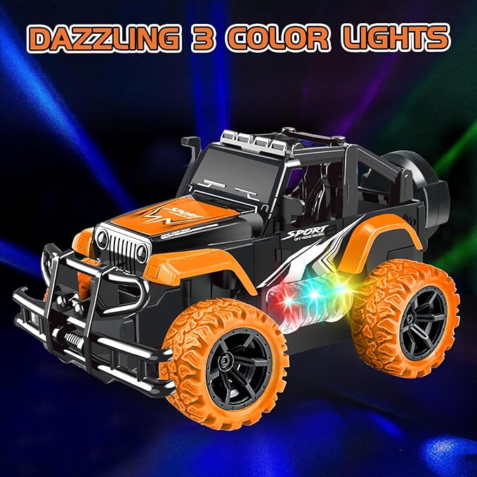 Remote Control Car for Kids 3-5, Off Road Rc Racing Car Vehicle Remote Control Truck for Girls Boys 4-7 8-12 Monster Trucks with 3 Color Led Lights Birthday Gift, Orange