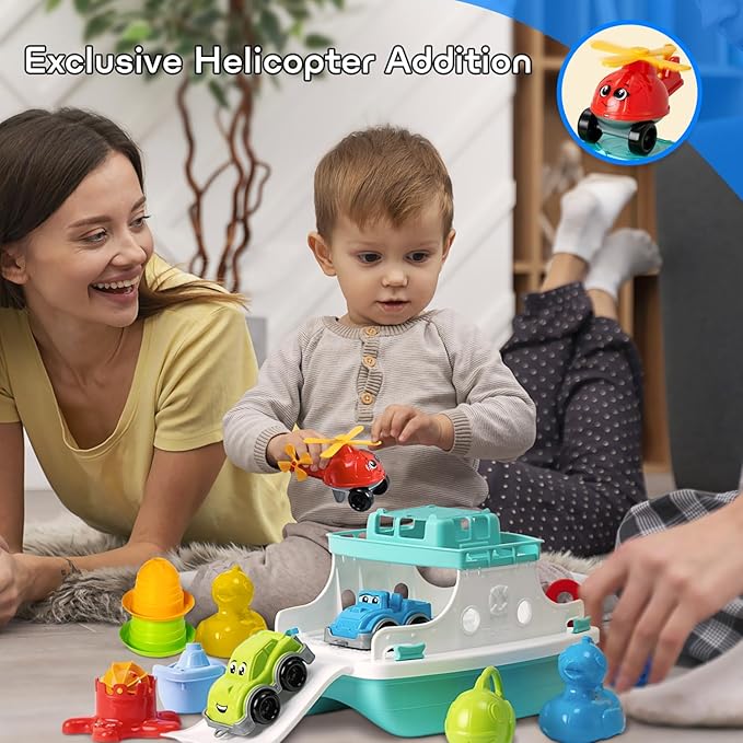 Ferry Boat Kids Bath Toy Set – 17 Pcs Toddler Pool Toys with Stacking Cups, Toy Ferry Boat, Train, 2 Cars & A Helicopter Addition for Fun Water Play, Toddler Bath Toys for 1 Year Old & Up