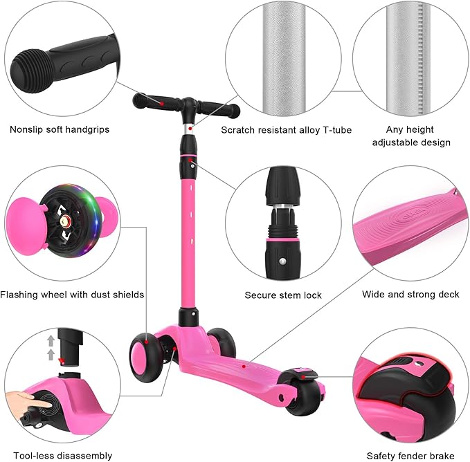 Allek Kick Scooter B03, Lean 'N Glide 3-Wheeled Push Scooter with Extra Wide PU Light-Up Wheels, Any Height Adjustable Handlebar and Strong Thick Deck for Children from 3-12yrs (Rose Pink)