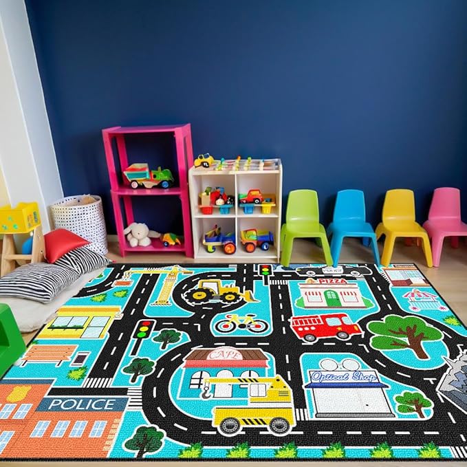 Car Rug Play Mat - Kids Play Carpet City Life Road Map Rug Educational Traffic Track Car Mat for Kids Toy Cars Carpet for Bedroom Playroom Classroom Decor 2.5x4 Feet