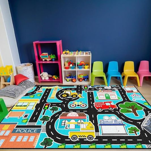 Car Rug Play Mat - Kids Play Carpet City Life Road Map Rug Educational Traffic Track Car Mat for Kids Toy Cars Carpet for Bedroom Playroom Classroom Decor 2.5x4 Feet