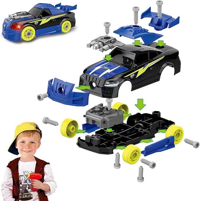 Pup Go Take Apart Toy Racing Car Sound Light, 2 in 1 Build Your Own Car, Drill & Power Tools, Gift Present Children Construction Building Toys for Age 3+ Year Old Boy Kids(4 Spare Screws Included)
