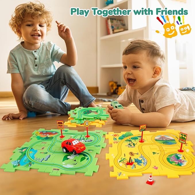 Plastic Floor Puzzles for Kids with 2 Cute Vehicles, Puzzle Racer Kids Car Track Set, Montessori Toys for 3 4 5 6 Year Old Boys, Gifts for 3 4 5 6 Year Old Boys, Toys for Ages 2-4
