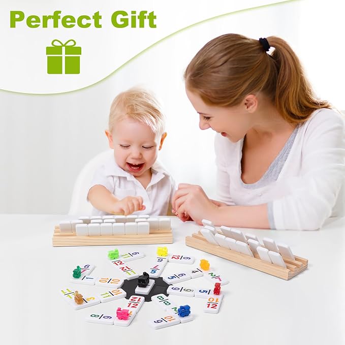 Mexican Train Dominoes Set with 4 Wooden Racks & Portable Case | Double 12 Dominoes Game (91 Numbered Tiles) | Family Board Games for Adults & Kids | Valentine's Day, for All Ages