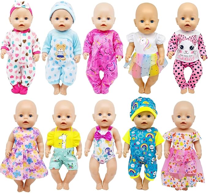 16-18 Inch Baby Doll Clothes 10-Piece Set: Casual Outfits, Pajamas & Hair Clip Accessories for 43cm Newborn Dolls for Toddlers & Collectors (Fits Most American Girl Dolls)