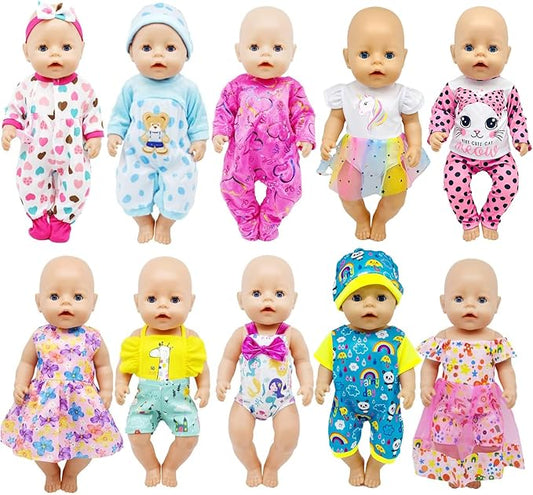 16-18 Inch Baby Doll Clothes 10-Piece Set: Casual Outfits, Pajamas & Hair Clip Accessories for 43cm Newborn Dolls for Toddlers & Collectors (Fits Most American Girl Dolls)