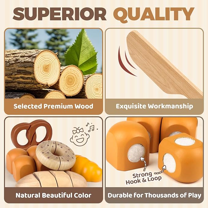 Wooden Play Food Bakery Toy Sets for Kids Kitchen Grocery Pretend Food Accessories Playsets for Toddler 1-3 Ages 4-8 Birthday Gift for Boys Girls Educational Toys