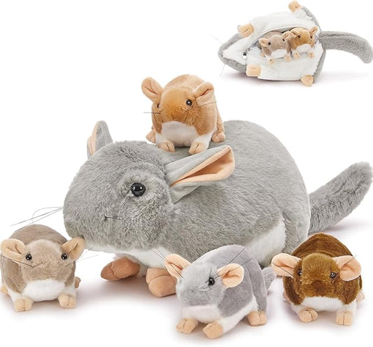 MorisMos 5 Pcs Rat Stuffed Animals, 19" Mom Mouse with 4 Babies, Realistic Stuffed Rat Plush Toys for Kids, Boys, Girls