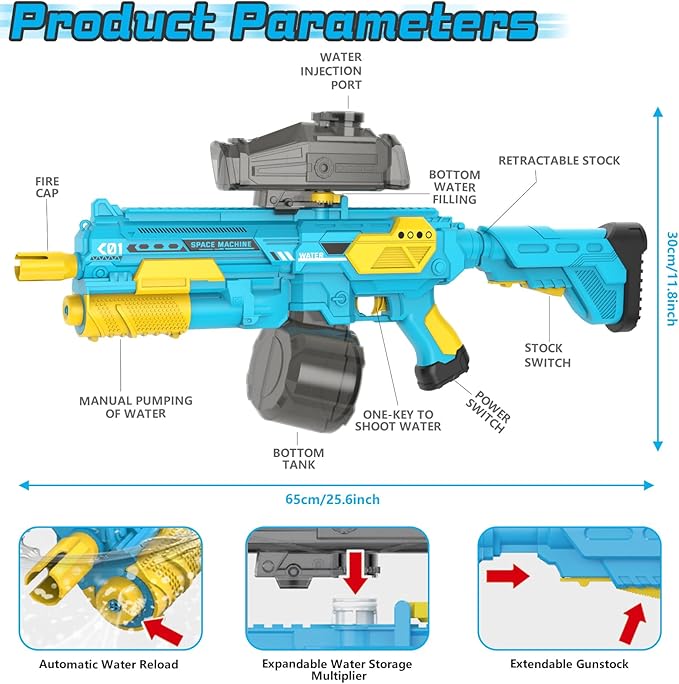Electric Water Gun with 1350CC Large Capacity, 32FT Long Range Auto Suction Water Guns for Adults, Squirt Gun Water Blasters for Kids Adults Beach Pool Outdoor Party Water Toys Gift Blue