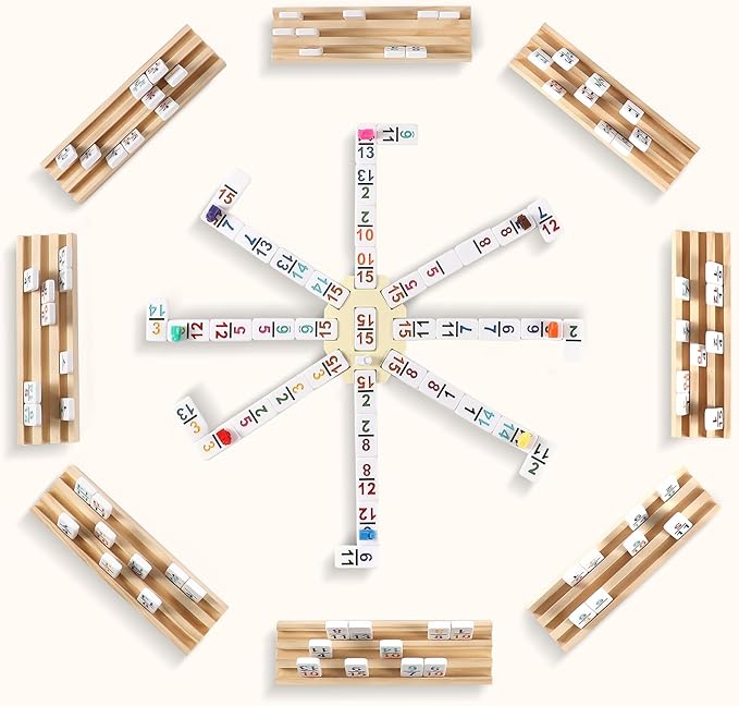 Mexican Train Dominoes Set with Numbers and 8 Wooden Trays/Racks, Double 15 Dominos Travel Set with 8 Tiles Holders, 136 Tiles Double 15 Colored Dominoes Game Set with Zippered Case for Family Kids