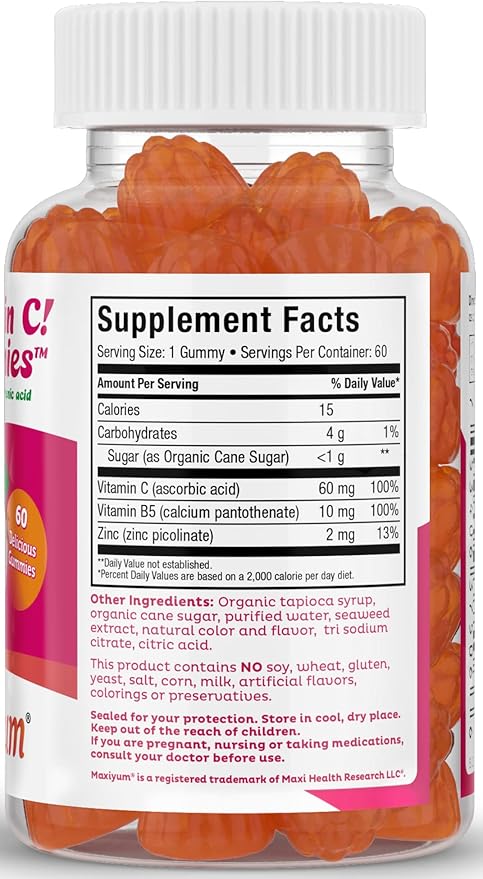 Maxi Health Vitamin C Gummies with Zinc Vitamin C with Zinc for Children and Adults - Respiratory Support and Immune Booster - No Preservatives and Artificial Flavors (60 Count (Pack of 2))