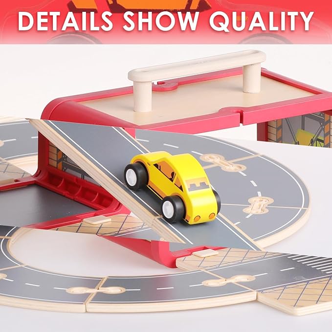 Wooden Toy Car Set for Toddlers, Car Track and Parking Garage Playset, Toy Vehivle Set with Blocks Storage Box for Kids Boys and Girls