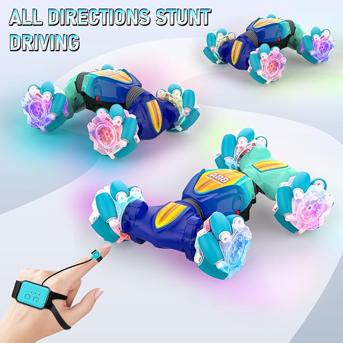 Remote Control Car, Gesture Sensor RC Stunt Cars Toys for Boys Girls Age 6 7 8 9 10 11 12+ Years Old, 2.4GHz 4WD 360° Flips Off Road RC Vehicle Toy with Lights/Music, Best Gifts for Kids, Blue