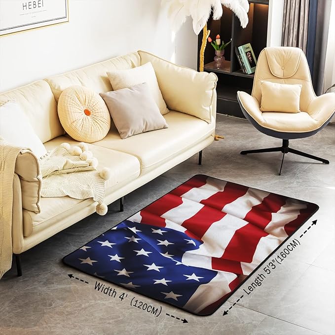 Erosebridal American Flag Area Rug 4x5, United States Rug for Kids Boys Teens, USA Federations Stars Carpet, Geometric Stripes Non Slip Blue White and Red Decorative Rug for Bedroom