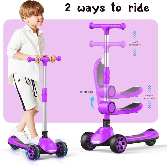 Kids Scooter,LED Lighted Wheels and 3 Adjustable Height Handlebars Scotters for Kids 3-12,3 Wheel 2-in-1 Toddler Kick Scotter for Boys & Girls up to 132 Lbs.