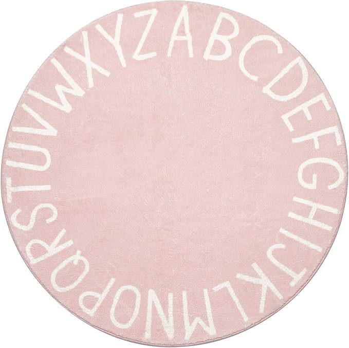 Topotdor Round Kids Play Rug Alphabet Nursery Area Rug Extra Large Soft Crawling Play Mat for Children Toddlers Bedroom (71 inch, Pink)