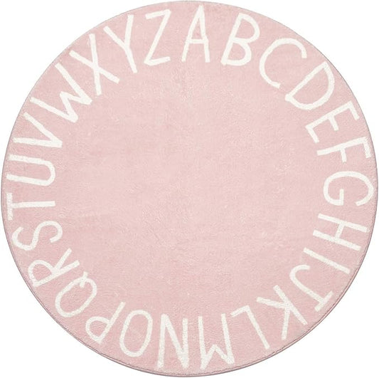 Topotdor Round Kids Play Rug Alphabet Nursery Area Rug Extra Large Soft Crawling Play Mat for Children Toddlers Bedroom (71 inch, Pink)