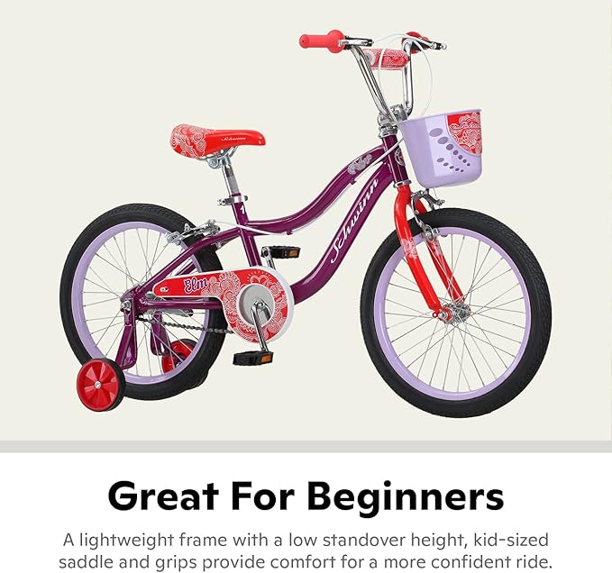 Schwinn Elm BMX Style Toddler and Kids Bike, For Girls and Boys, 18-Inch Wheels, With Training Wheels, Chain Guard, and Front Basket, Recommended Height 42-52 Inch, Purple