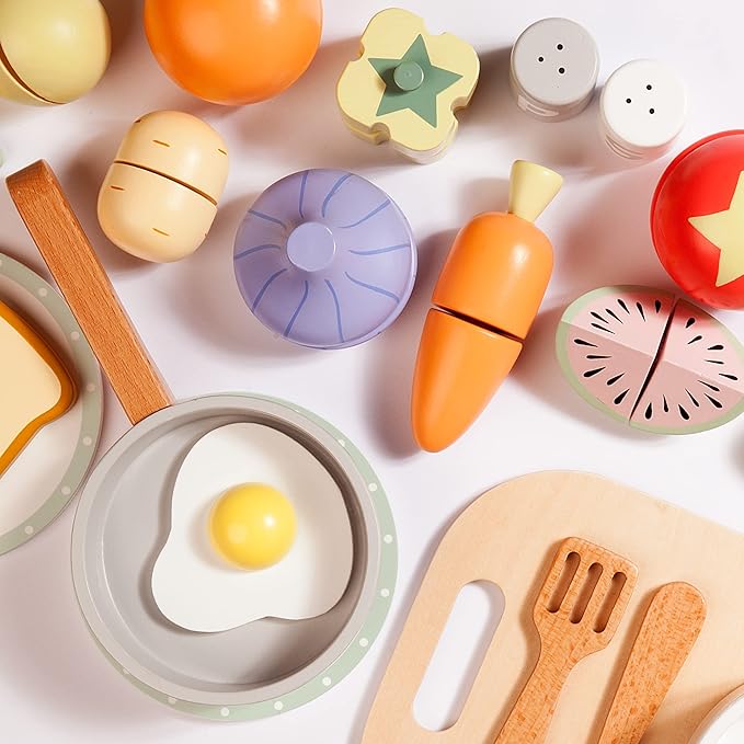 Wooden Food Set for Kids with Cookbook Magical Recipes, Wood Velcro Cutting Fruit and Vegetables Toy for Toddlers, Cooking Pretend Play, Kitchen Accessories, Early Education Toys