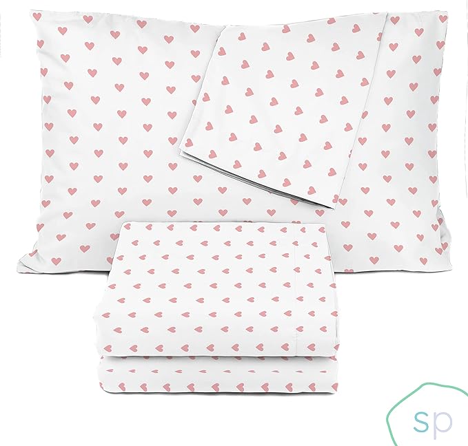 Saturday Park Pink Hearts Full Sheet Set - 4 Piece 100% Organic Cotton Sheets - GOTS & Oeko-TEX Certified