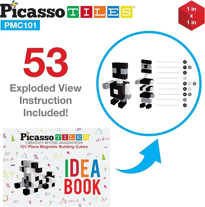 Picasso Cubes 1” Magnetic Puzzle Cube 101 pcs Black and White Magnet Construction Building Block Set Sensory Toy Early Education STEM Learning, Free Ideabook with 53 Ideas, Children Age 3+ Boy Girl