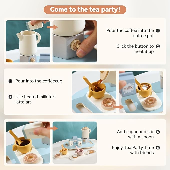 EERKEOD Tea Party Set for Kids Wooden Tea Sets for Toddler Girl Toys Pretend Play for Little Girls Kitchen Play Food Accessories Sets Wooden Educational Toys Gifts with Silicone