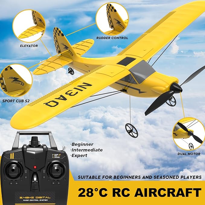 28℃ RC Plane 3 Channel Remote Control Airplane Trainer Sport Cub S2 with Propeller Saver&Xpilot Stabilization System,One-Key U-Turn Easy to Fly for Beginners, Kids, Adults, Yellow (761-14 RTF)