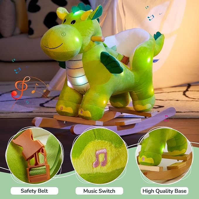 Glow Guards Light Up Musical Dinosaur Baby Rocking Horse Set of 2 with Safety Belt Dinosaur Rocker Baby Rocking Chair for Toddlers 1-3