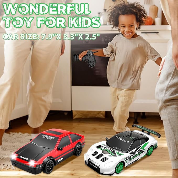 Remote Control Car RC Drift Car 2.4GHz 1:24 Scale 4WD 15KM/H High Speed, Rechargeable High Speed RC Cars with Cool Lights, Two Batteries and Extra Tires Toys for Kids