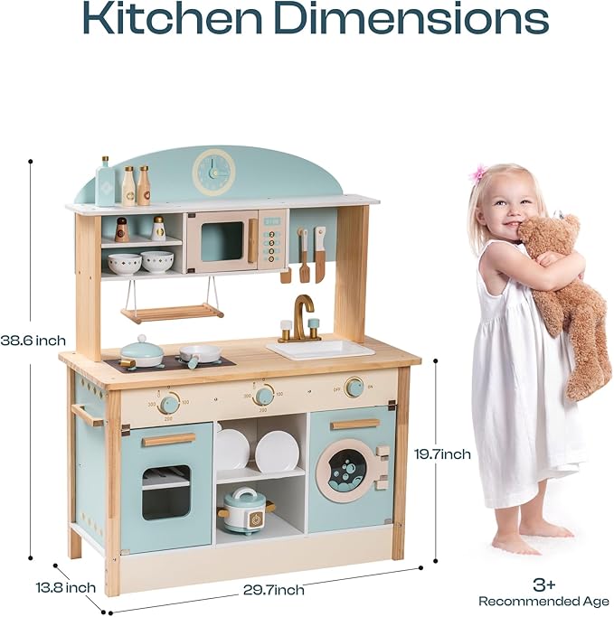 ROBOTIME Wooden Kitchen for Kids Play Kitchen, Toy Kitchen Set for Kids Kitchen Playset with Plenty of Play Features, Realistic Toddler Kitchen Set, Gift for Girls Boys Ages 3+