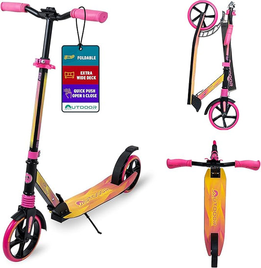 Outdoor Cruiser Kick Scooter for Ages 6+, for Kids, Teens, and Adults, Max Load 250 LBS, Foldable, 8-inch Big Wheels, Dual Suspension, 3 Adjustable Levels, Child Safety Approved, Yellow and Pink