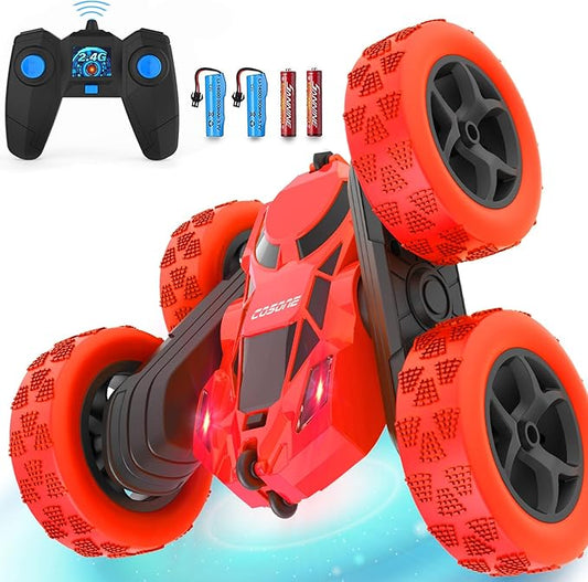 Remote Control Car for Boys - Car Toy for Kids Age 6 7 8 9, 4WD 2.4Ghz Double Sided 360° Rotating RC Cars with Headlights, Christmas Birthday for Boys and Girls - Red