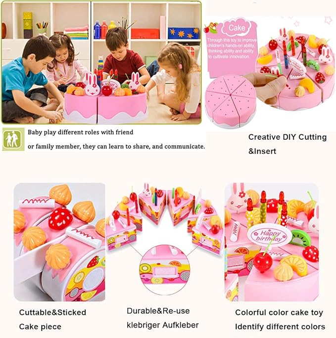 38 PCS DIY Cutting Birthday Party Cake Pretend Play Kitchen Food Set, Pink/Blue Fruit Cutting Toys for Girls Boys Gift (38PCS Pink)