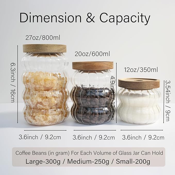 Glass Jar with Wood Lid Cute Decorative Glass Jars Canisters for Nut Coffee Sugur Glass Storage Jar Sets of 3 Size Clear Strip for Kitchen Storage Decor Gift for Christmas (12/20 /27oz)