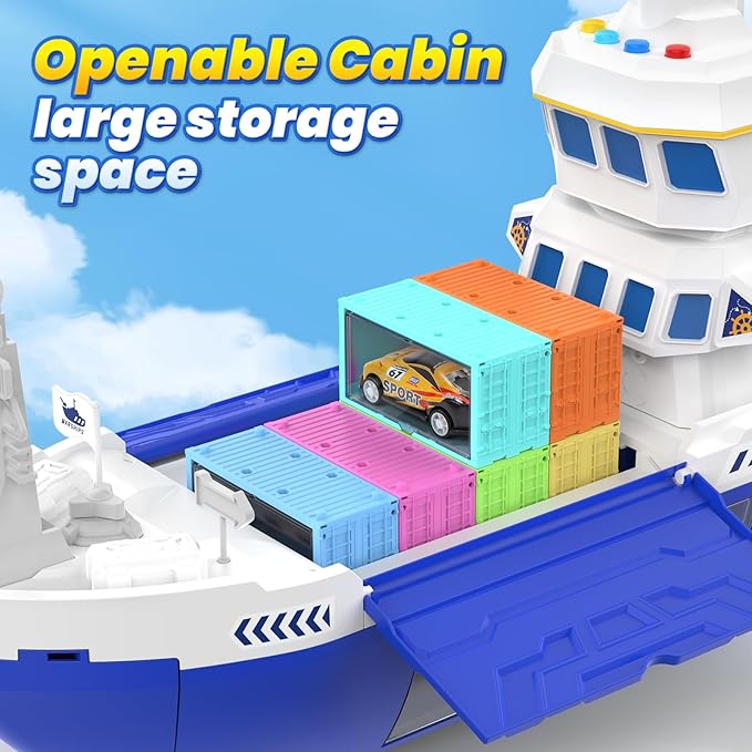 CUTE STONE 2-in-1 Toy Boat & Tower Crane Playset, Cargo Ship with Lights/Sounds | Push-Go Transport Ship & Construction Vehicle Toys, Interactive Carrier Boat for Kids Boys Girls