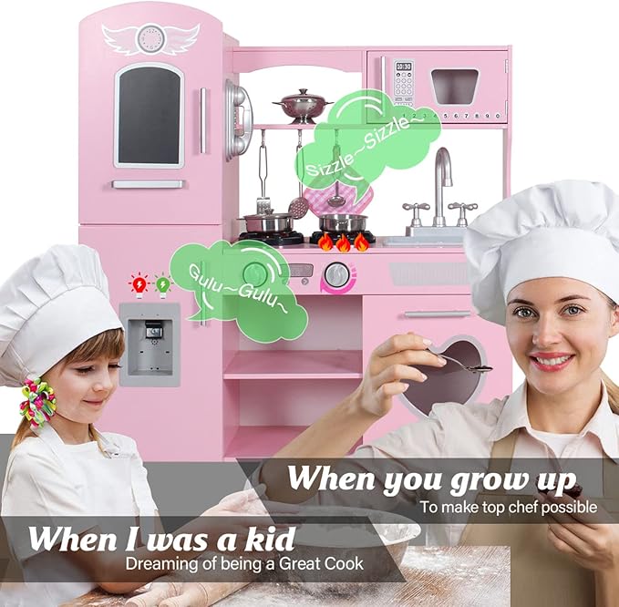 TaoHFE LED Upgrade Kitchen Set for Kids Wooden Play Kitchen LED Gas Tray with Sound Toy Kitchen Sets for Girls Gift Enjoy Cooking with Lights and Sounds Pink Kitchen for Toddlers Kids Kitchen Playset