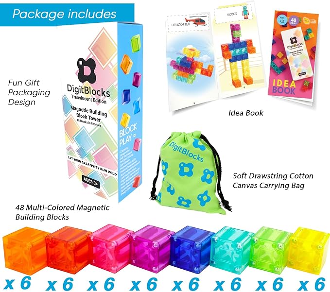 BrainSpark 48PCS Digit Blocks Translucent Magnetic Building Blocks, Montessori Clear Magnet Cubes for Boys Girls Stacking Block Sets Ages 3-9