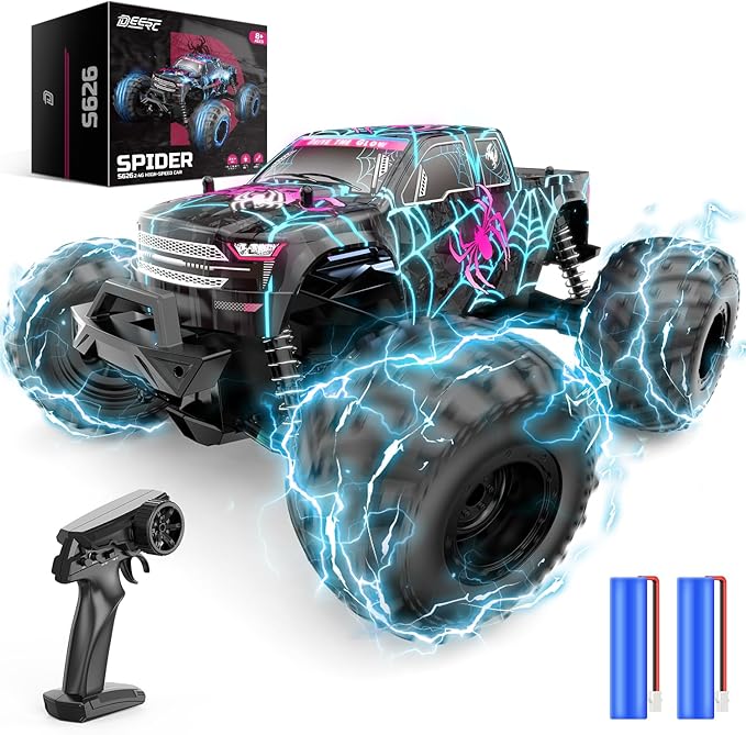DEERC 1/16 Glowing Spider Remote Control Car - Fast RC Cars W/2 Rechargeable Batteries for 40 Min Play, All Terrain Off-Road Monster Truck Toys for Boys Kids Age 4-7 8-12 Birthday Xmas Gift